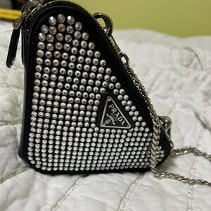 Prada Triangular Embellished Satin And Leather Mini-pouch